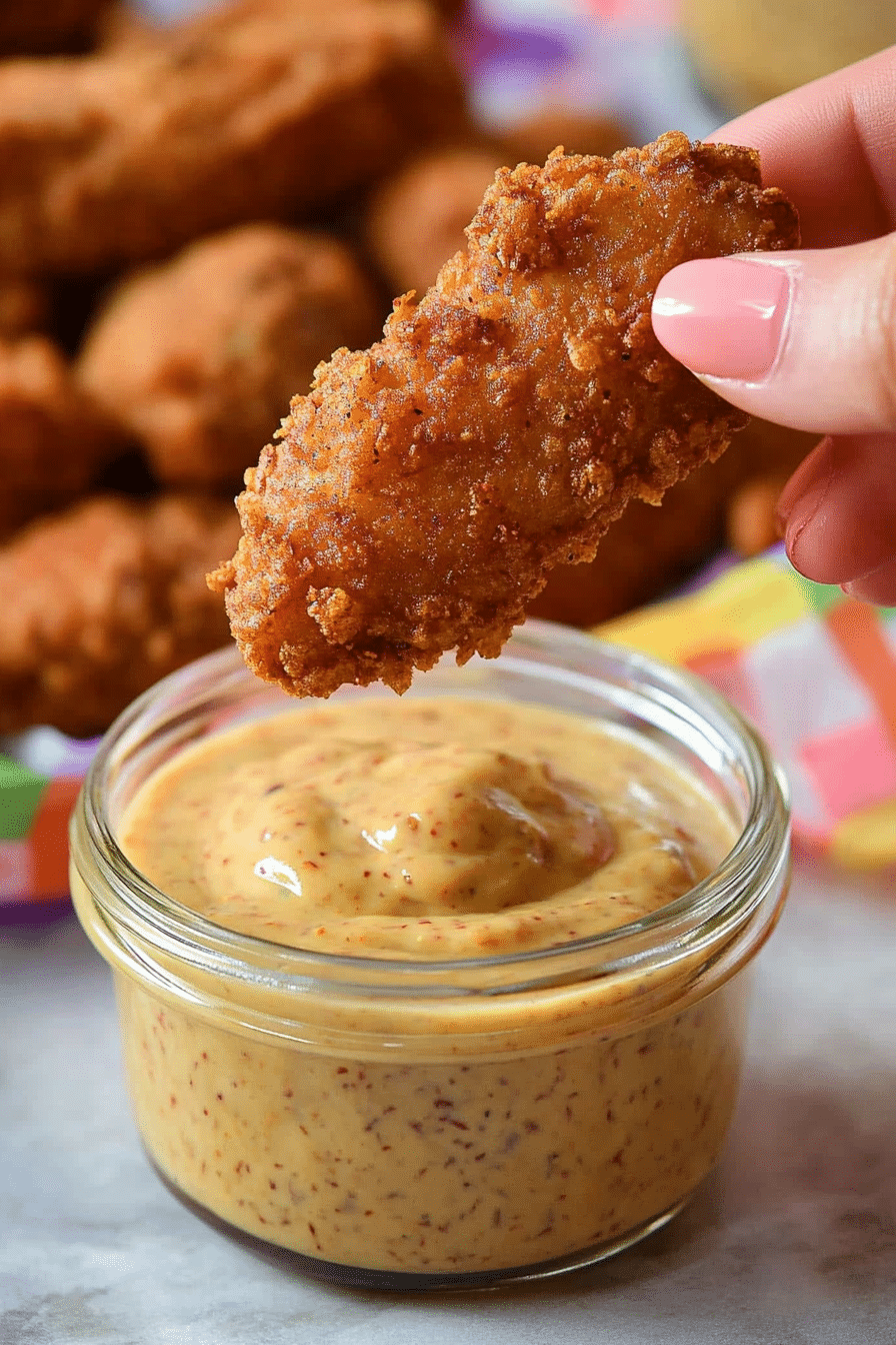 A woman eats KFC and Popeyes Mardi Gras mustard sauce from a small dipping bowl
