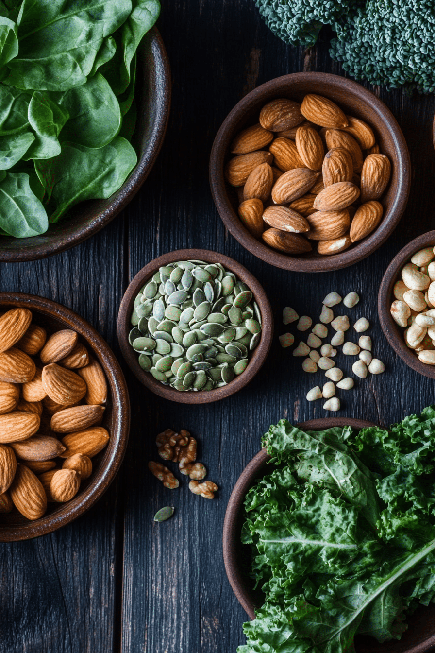 bowl of almonds, cashews, pumpkin seeds, and leafy greens