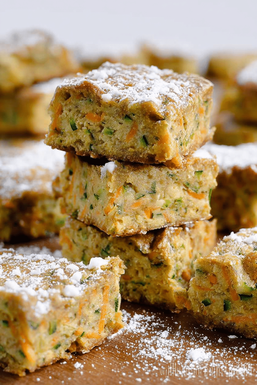 Healthy zucchini carrot bars stacked on a wooden board