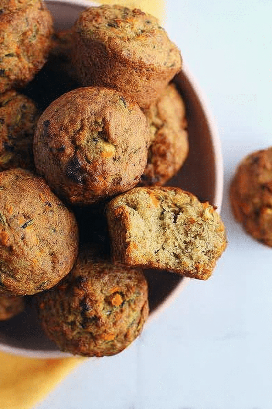Zucchini carrot muffins styled in a rustic kitchen setting