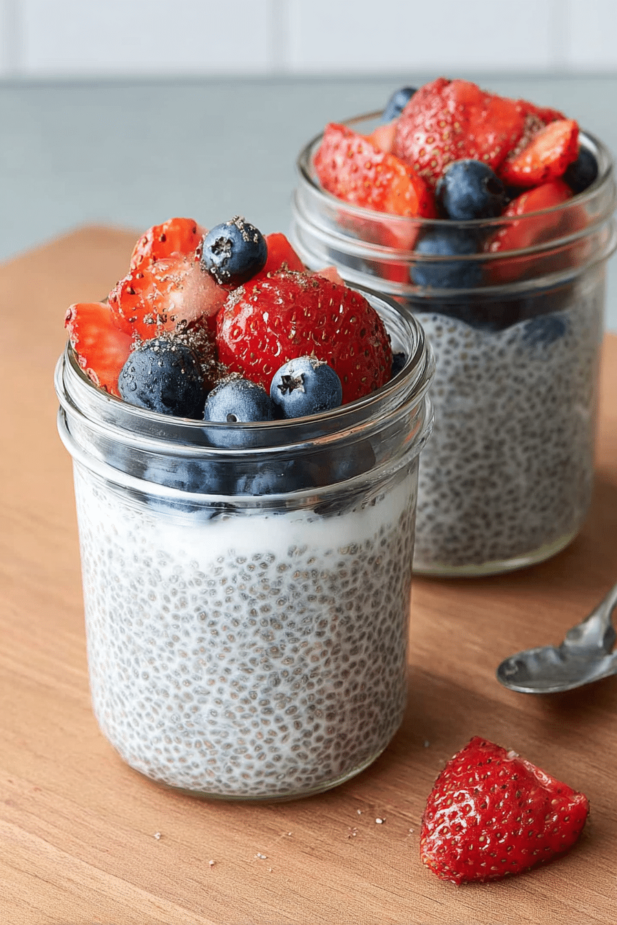 assorted chia pudding jars with different flavors