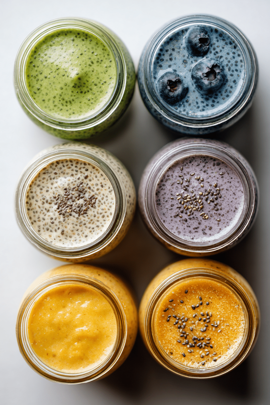 six jars of chia pudding with flavor labels