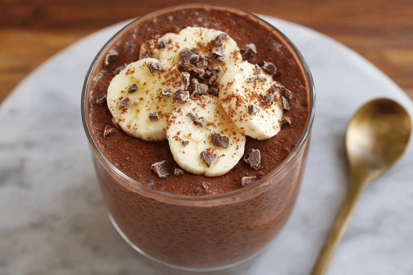 Chocolate banana chia pudding in a glass jar