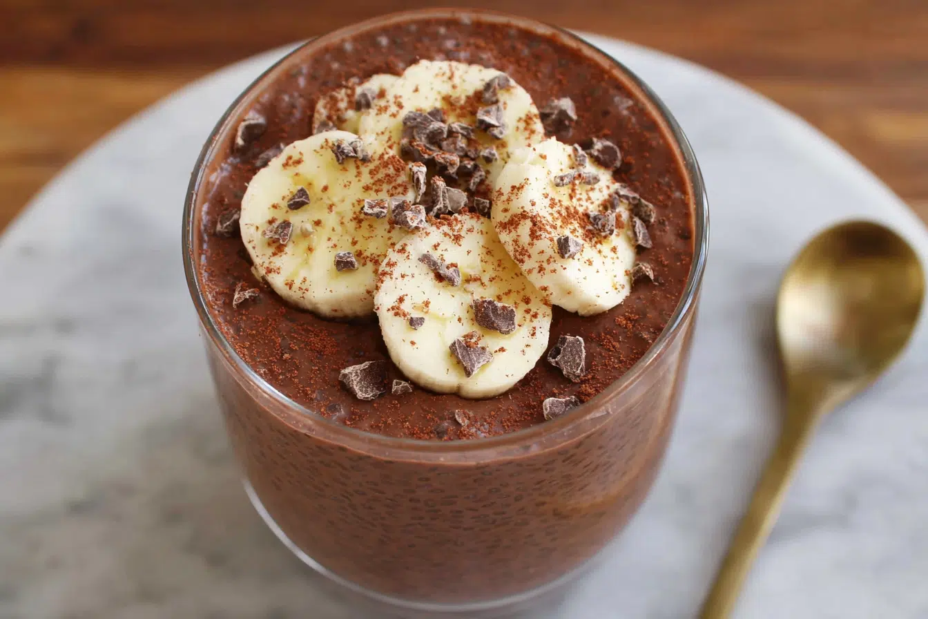 Chocolate banana chia pudding in a glass jar