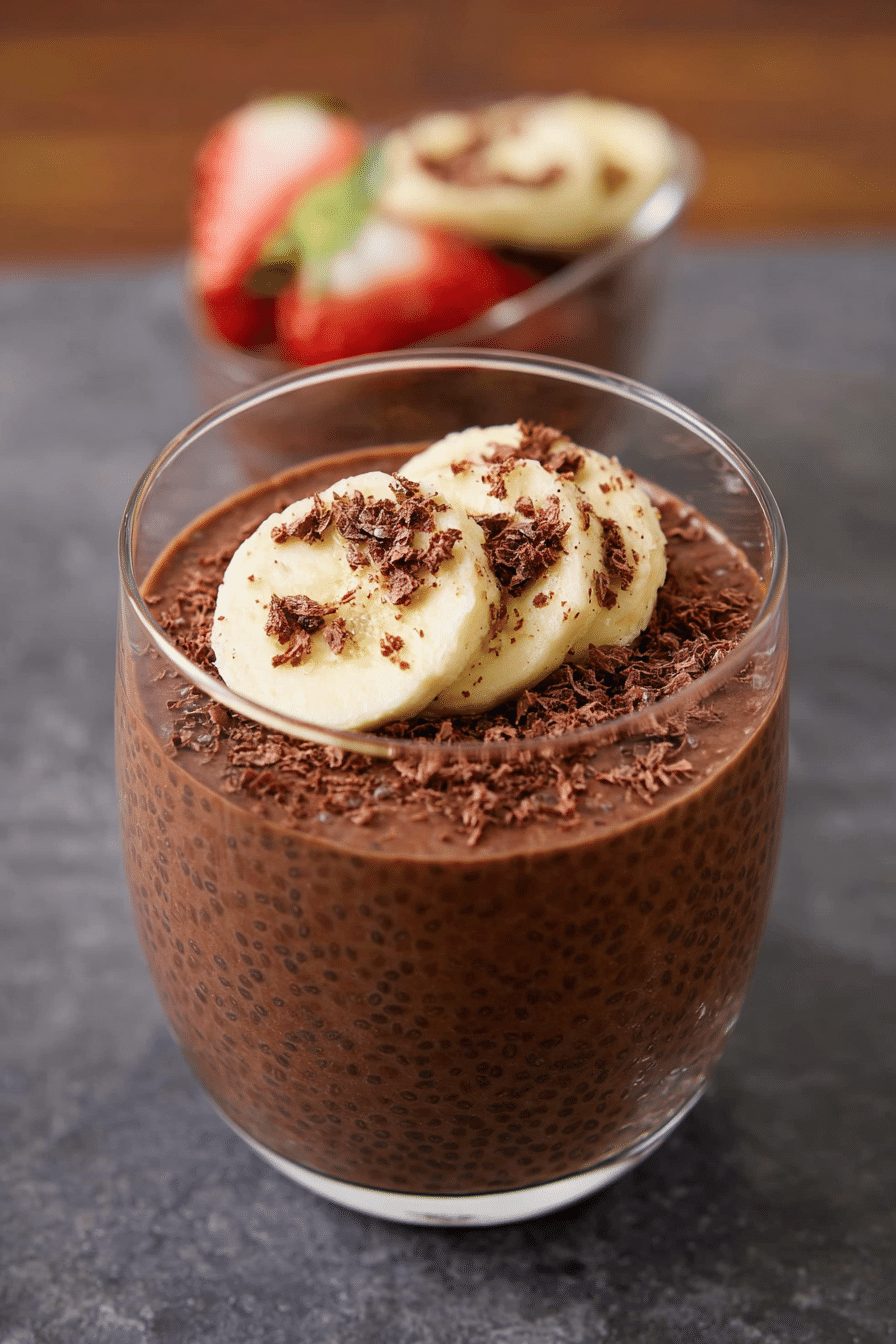 Chocolate banana chia pudding topped with coconut cream