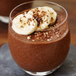 Chocolate banana chia pudding with recipe overlay