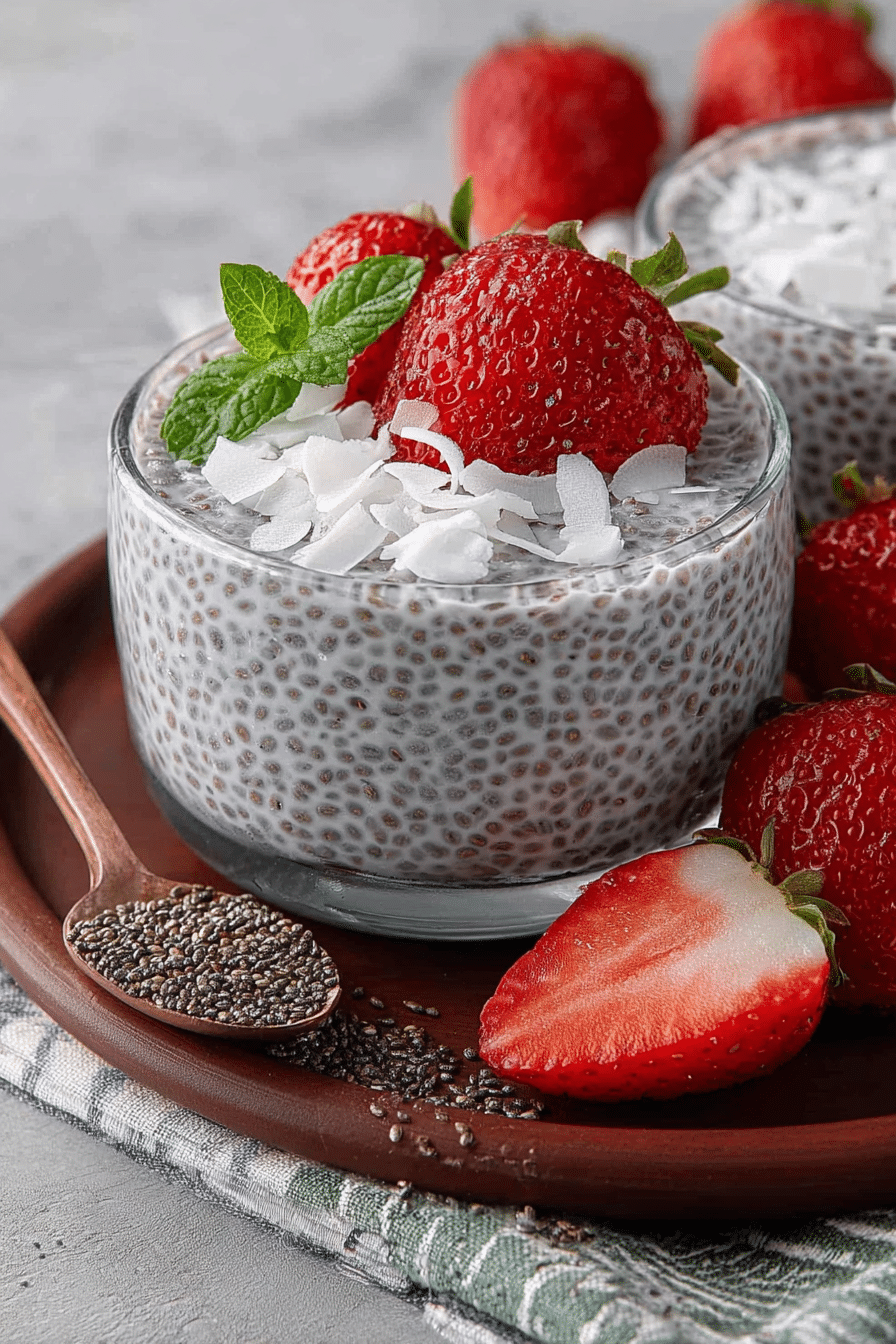 creamy coconut chia pudding topped with fruit and nuts