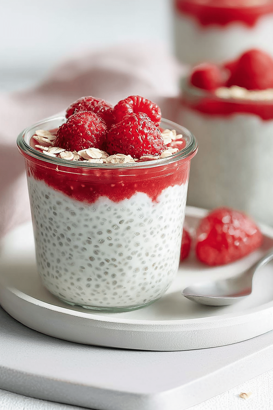multiple chia puddings in jars with fruit toppings