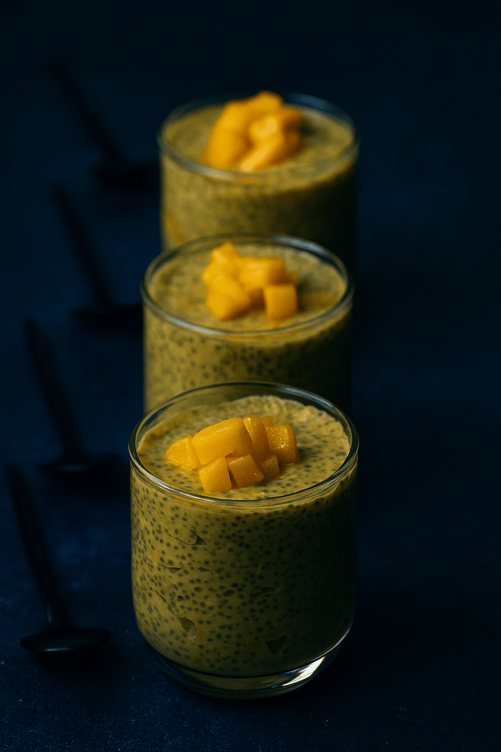 3 jars of mango chia pudding with different toppings