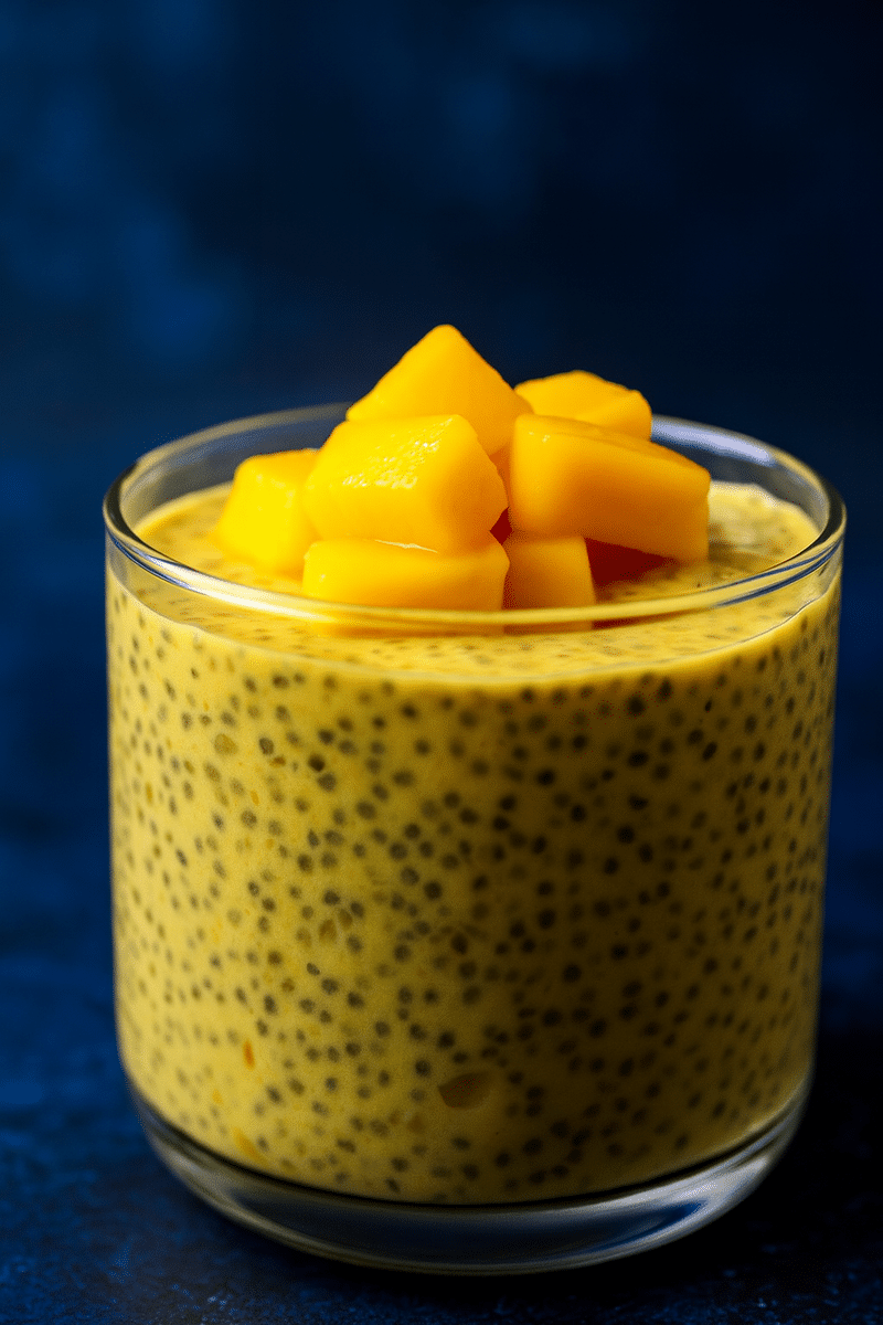 jar of mango chia seed pudding topped with blue background