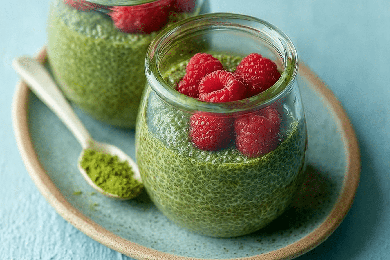 glass jar of matcha chia seed pudding with coconut topping