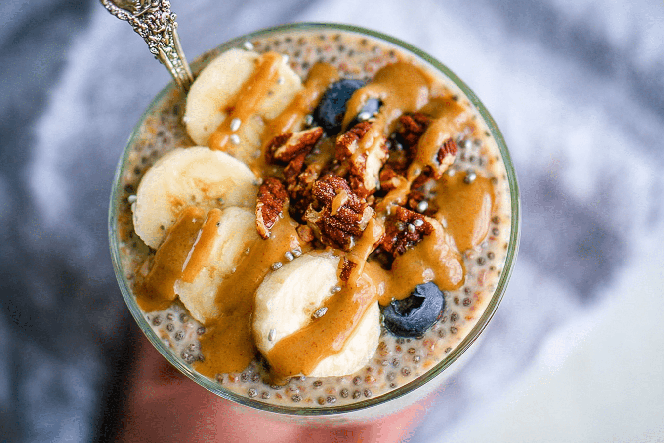 Creamy peanut butter chia pudding in a glass jar