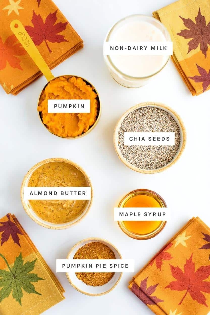 flat lay of pumpkin chia pudding ingredients