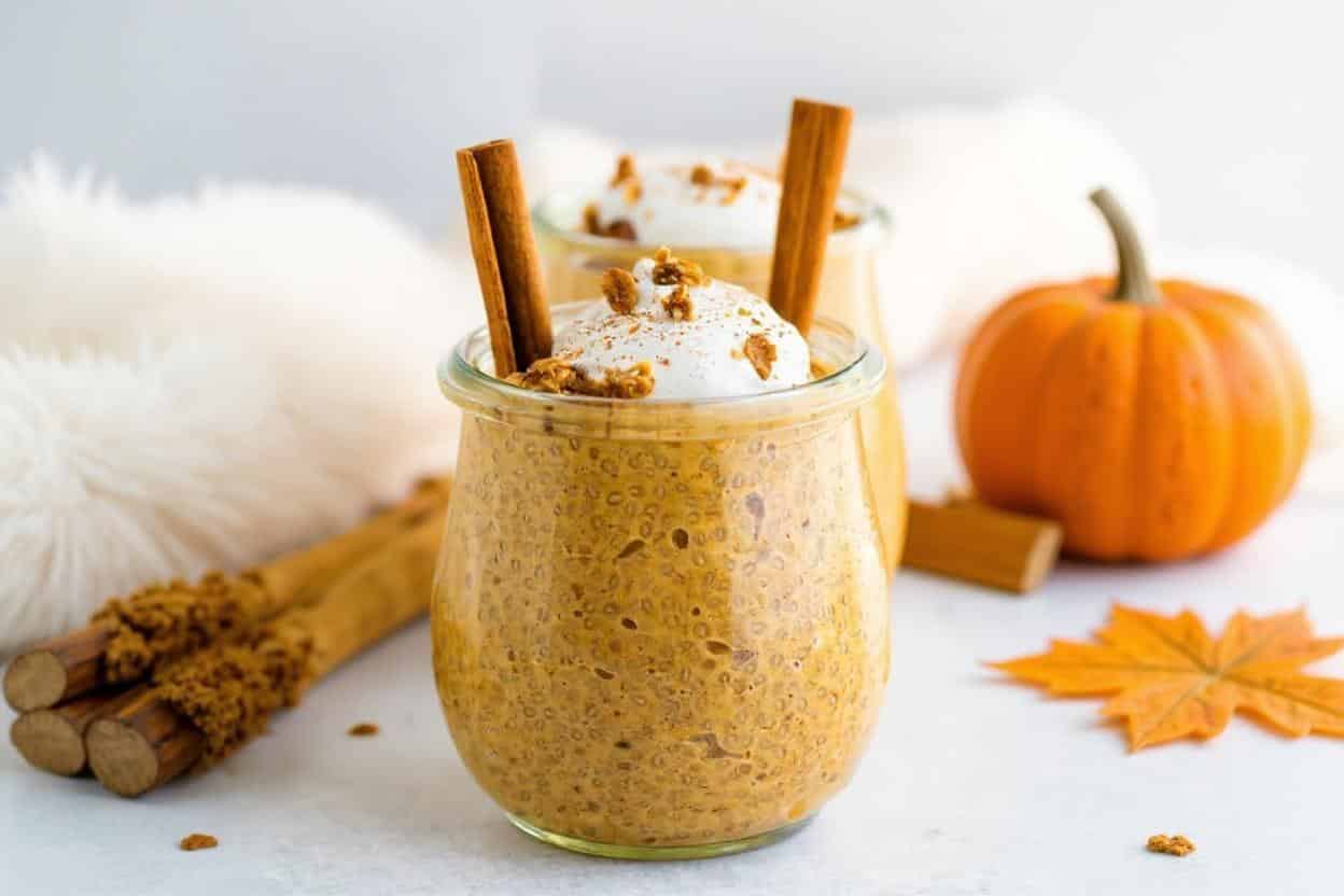 jar of pumpkin chia pudding topped with granola