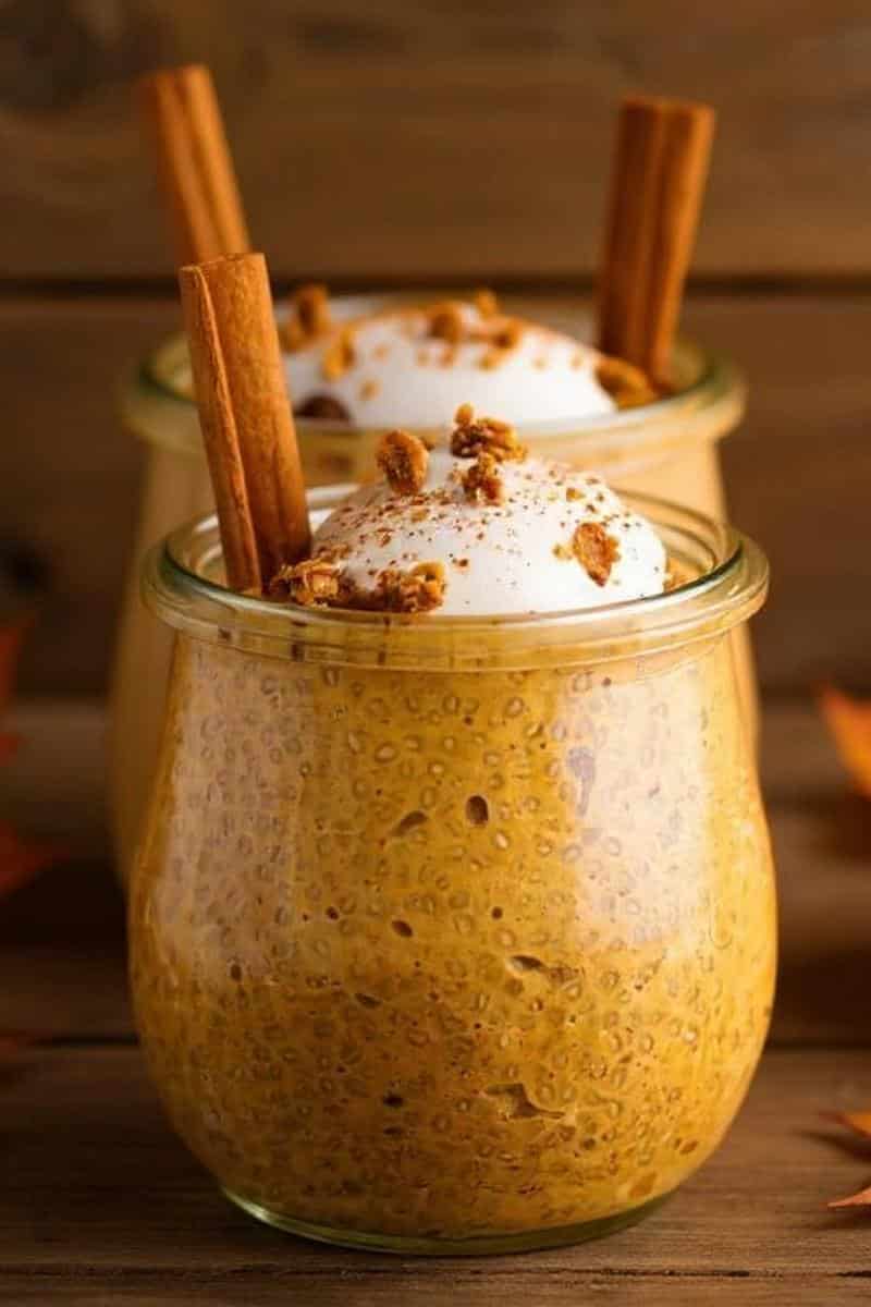jar of pumpkin chia pudding topped with cinnamon