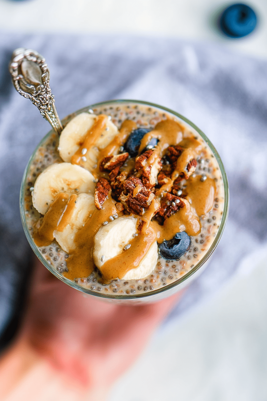 Blended peanut butter chia pudding with toppings